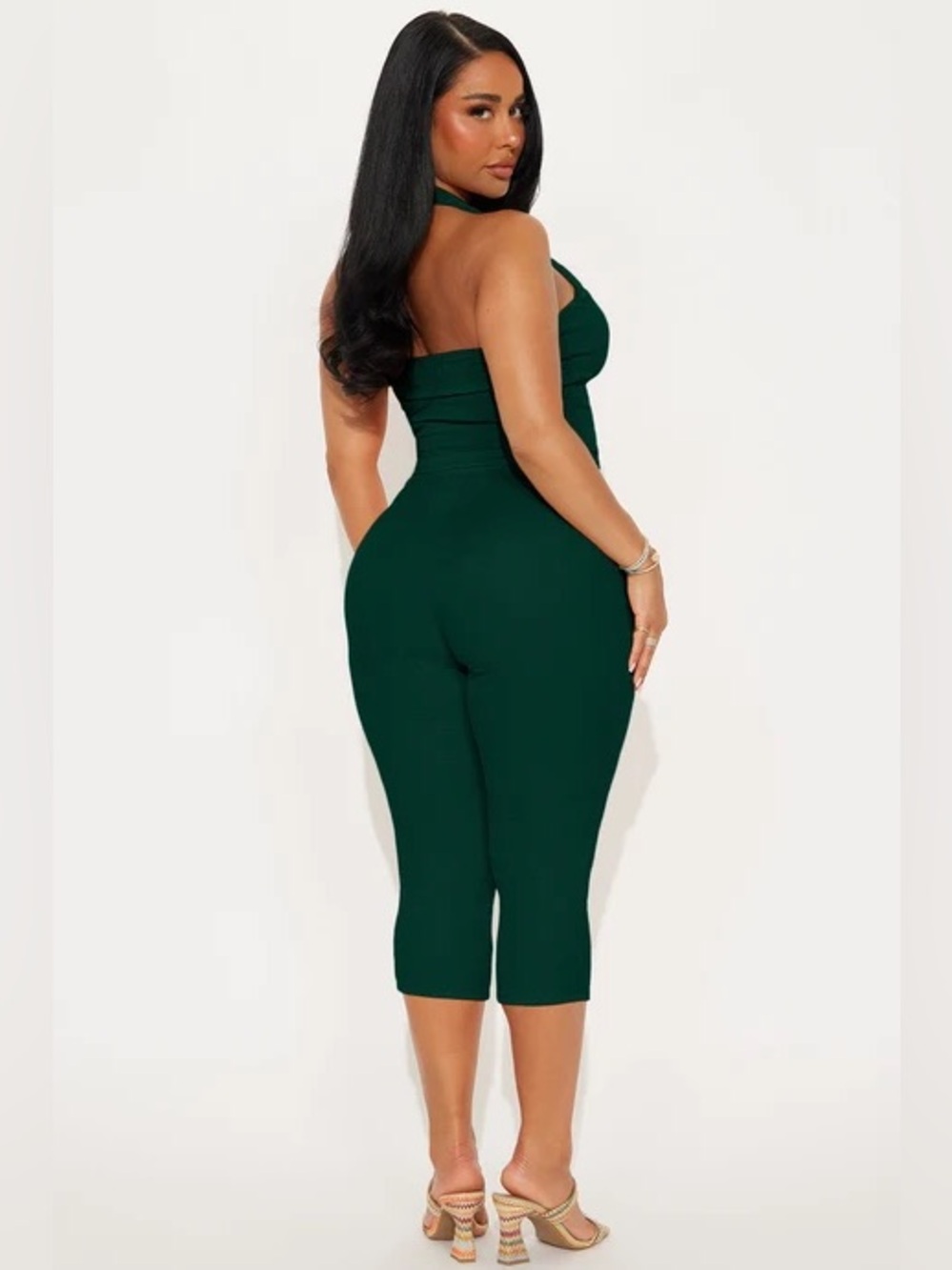Fashion Nova Dark Green Halter Crop Top & Capri Set - Picture 3 of 4